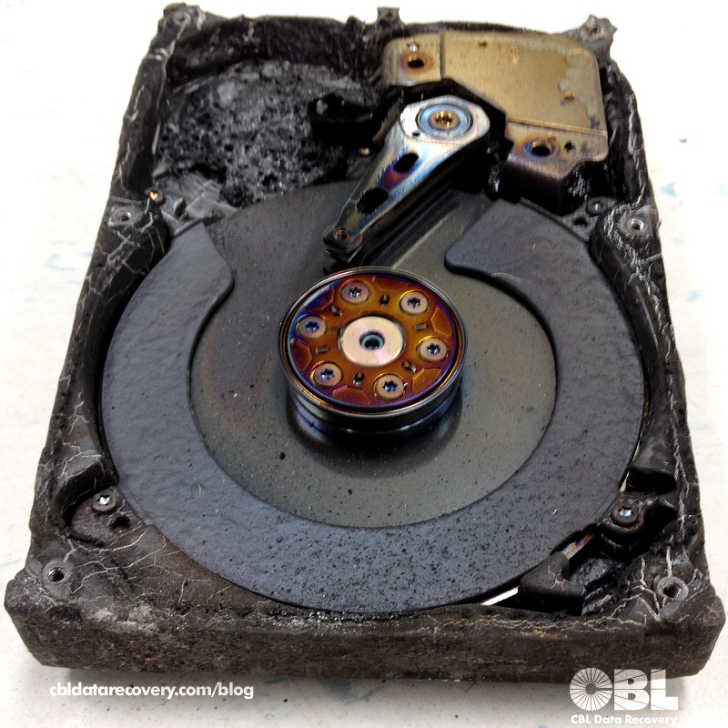 photo of recent fire damaged hard drive in our labs for evaluation