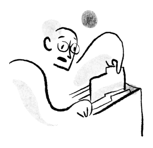 Illustration: person with a look of alarm on their face reaches into a filing cabinet drawer for a folder. Data loss?!