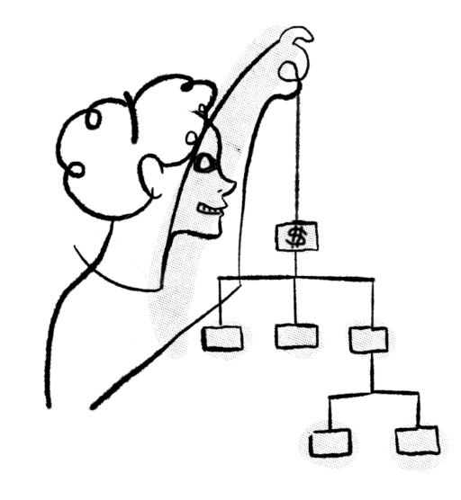 Illustration: nefarious character with burglar mask holds a symbolic file/organization tree up with the top placeholder being a $ dollar sign indicating ransom.