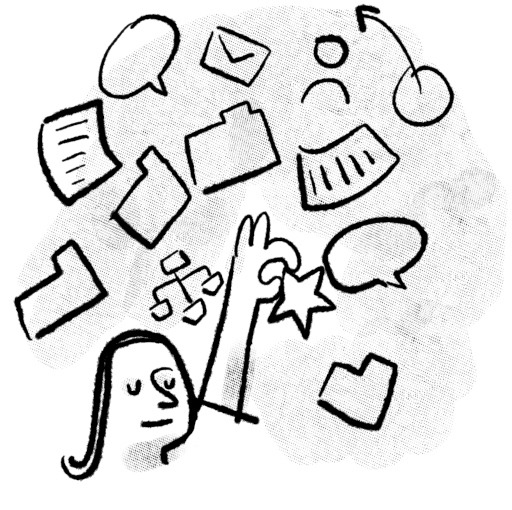 Illustration: character reaches up to grab into a bunch of symbols laid out in a pile from chat icons to a star to file folders and document icons. A mess.