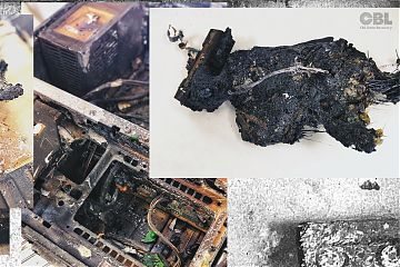 Zoom of fire-damaged PC case and an extracted component - a charred black clump of plastic and metal, twisted and fused together into a charcoal-like appearance. An unidentifiable mess that we think might have been an SSD.