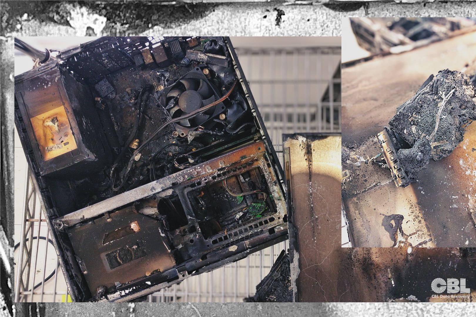 Top-down view of an open computer case, completely burned and fire-charred. Internal components like CPU fan, wires and drive bay skeleton are black and brown and slightly melted.