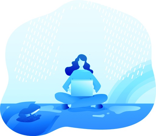 Illustration of rain drops coming down on a woman sitting cross legged with an open laptop in her lap. A frog sits nearby in puddles and water. Blue-teal gradient tint.