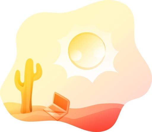illustration of a sun over a desert area with a cactus and a laptop on ground, orange-yellow tint.