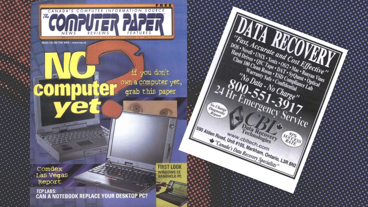 LEFT: 'The Computer Paper' January 1997 cover - Title text 'No computer yet?' If you don't own a computer yet, grab this paper..... Comdex Las Vegas Report... TCP Labs: Can a Notebook replace your desktop PC? First Look: Windows CE Handheld PC. RIGHT: CBL Data Recovery print ad from inside. text: DATA RECOVERY 'Fast, Accurate and Cost Effective' DOS Novell UNIX Xenix OS/2 Mac Banyan Vines Hard Drives QIC Tape DAT SyQuest Optical...